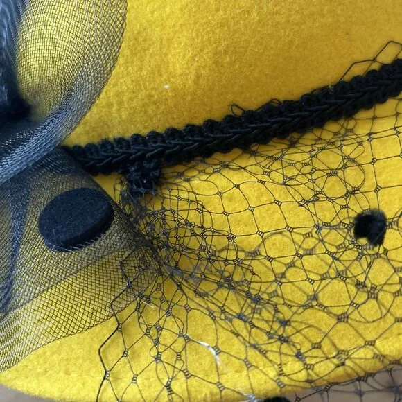Vtg Fashion Hat WPL 4384 Yellow Wool Felt w Black Mesh w Polka Dots 53 cm - Picture 6 of 9